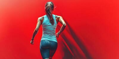 Young woman running against a vibrant red background in athletic wear during a workout session at the gym photo