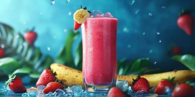 Refreshing strawberry banana smoothie garnished with fruit and ice against a vibrant blue background photo