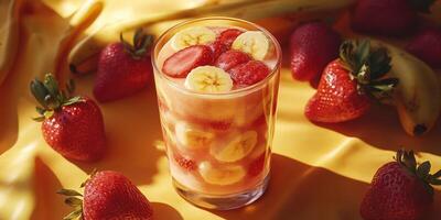 Colorful fruit cocktail in a glass surrounded by fresh strawberries and bananas on a bright yellow backdrop during daylight photo