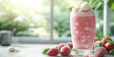 Refreshing strawberry dessert beverage served in a tall glass with white fruit and mint leaves in a cozy indoor setting photo