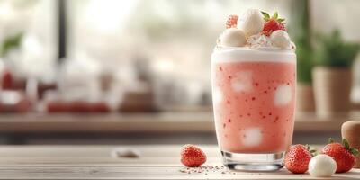Refreshing strawberry dessert drink served in a tall glass with garnishes on a wooden table in a cozy cafe setting photo