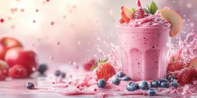 Fresh fruit smoothie with splashes, garnished with mint, on a vibrant background photo