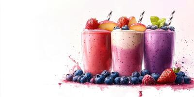 Delicious fruit smoothies served in colorful cups with fresh berries and decorative straws photo