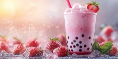 Refreshing strawberry bubble tea served with fresh strawberries at sunset photo