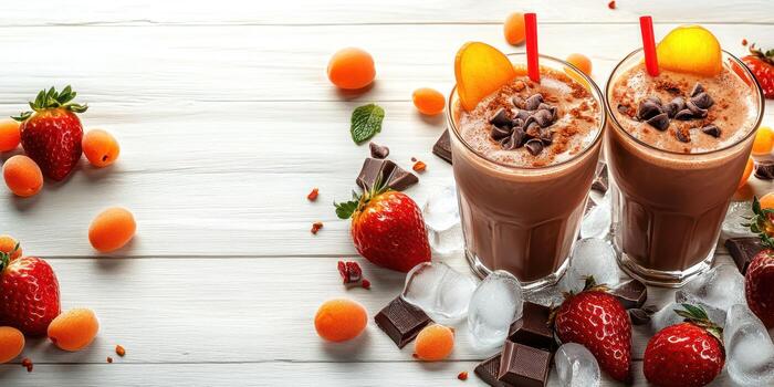 Refreshing chocolate strawberry smoothies served with fresh fruits on a wooden table in a sunny setting photo