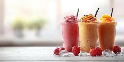 Refreshing fruit smoothies displayed on a table with raspberries and ice cubes in a cozy cafe setting photo