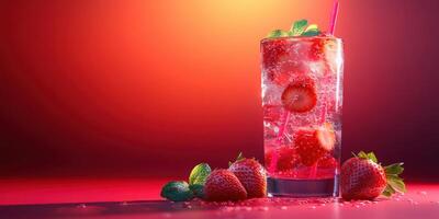 Refreshing strawberry drink served in a tall glass with mint leaves on a vibrant red background photo