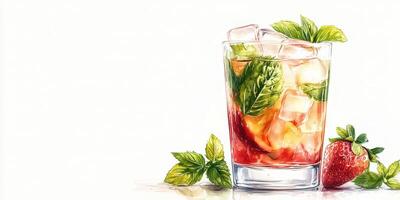 Refreshing strawberry mint cocktail served in a glass with ice and fresh ingredients for a summer afternoon relaxation photo
