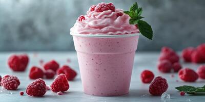Refreshing raspberry dessert served in a cup accompanied by fresh berries on a textured background photo