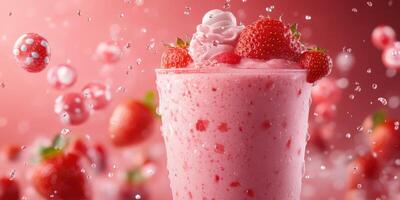 Refreshing strawberry smoothie topped with whipped cream and surrounded by fresh strawberries in a vibrant pink setting photo