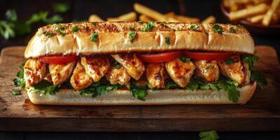 Freshly made sub sandwich with grilled chicken, lettuce, tomato, and herbs served with fries in a cozy setting photo
