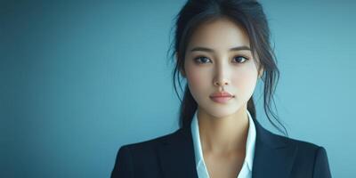 Confident young woman in business attire poses against a blue background in a professional setting photo