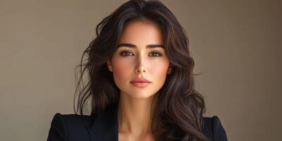 Portrait of a woman with long dark hair and a confident expression in a neutral setting, showcasing elegance and beauty photo