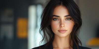 Portrait of a woman with long dark hair and striking green eyes in a soft-lit indoor setting during the day photo