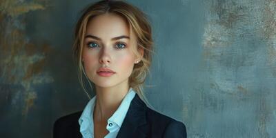 Elegant woman in business attire poses against a textured blue wall photo