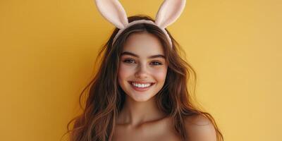 Smiling young woman with bunny ears standing against a bright yellow background during a cheerful indoor photo session