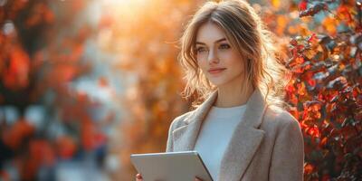 Young woman enjoying a sunny autumn day while using a tablet amidst colorful foliage in a park photo