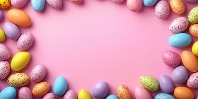 Colorful Easter eggs arranged in a circular pattern on a pink background for festive decoration photo
