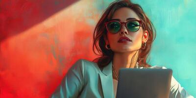 Young woman in stylish sunglasses working on laptop against colorful wall background in modern workspace photo