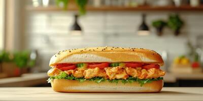 Freshly made chicken sandwich with vegetables on a wooden counter in a cozy kitchen photo