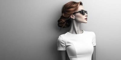 Woman in stylish outfit and sunglasses poses against a modern gray background in a sleek and minimalistic setting photo