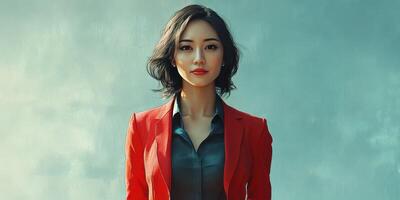 Confident woman in a red blazer stands against a softly blurred background during bright daylight photo