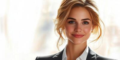 Confident young woman smiles while wearing a professional suit in a bright office setting photo