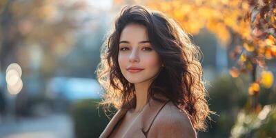 Young woman with curly hair smiling outdoors in autumn while surrounded by vibrant fall foliage photo