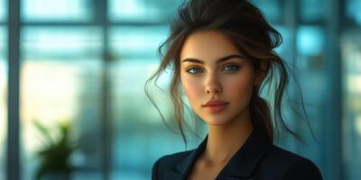 Young woman with striking blue eyes poses confidently in a modern office environment during daylight hours photo