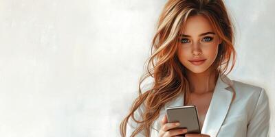 Young woman with long hair holding smartphone in casual setting displaying a confident expression photo