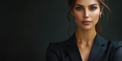 Confident young woman poses elegantly in a dark setting with a professional look and striking features photo