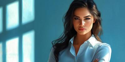 Confident young woman poses elegantly in softly lit space with blue background during a serene morning photo