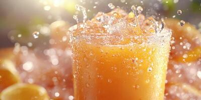 Refreshing citrus drink splashes into a glass surrounded by ice and fruit on a sunny day photo