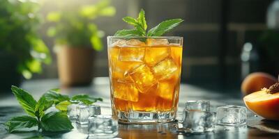 Refreshing iced tea cocktail with mint leaves and peach slices on a rustic table photo