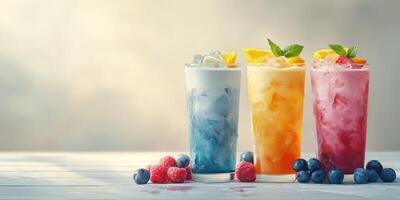 Refreshing summer drinks displayed elegantly with vibrant colors and fresh fruit toppings on a bright sunny day photo