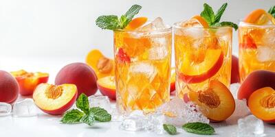 Refreshing summer drinks featuring fresh peaches on a bright, sunny day in a kitchen setting photo