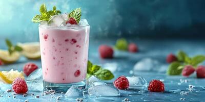 Refreshing raspberry drink with ice and mint on a blue background photo