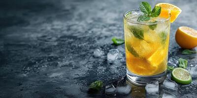 Refreshing cocktail with citrus fruits and ice served on a dark textured surface photo