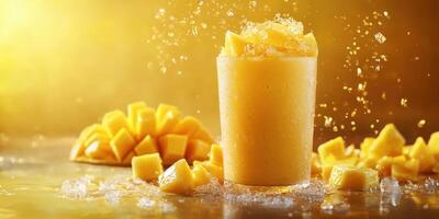 Refreshing mango smoothie with ice and fresh fruit on a golden background photo