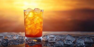 Refreshing summer drink served in a clear glass with ice against a vibrant sunset backdrop over the ocean photo