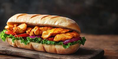 Delicious grilled chicken sandwich with fresh vegetables served on a wooden board photo