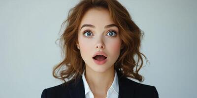 Woman expresses surprise with wide eyes and open mouth in a professional setting while wearing a dark blazer photo