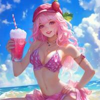Young woman enjoying a refreshing drink on a sunny beach while wearing a stylish bikini during a vibrant summer day photo