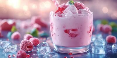Refreshing raspberry dessert served in a glass with ice and garnished with mint leaves photo