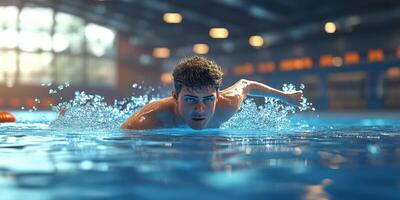 Competitive swimmer strikes a strong stroke in a bright indoor pool during a training session photo