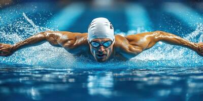 Competitive swimmer performing butterfly stroke in an indoor pool during a championship event photo