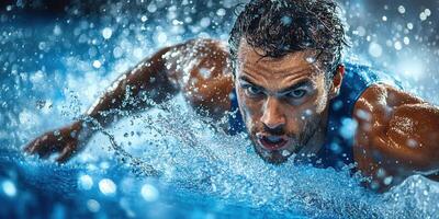 Competitor swims intensely in a pool during a competitive event at dusk photo
