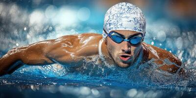 Swimmer performs butterfly stroke in a competitive setting during an evening event photo