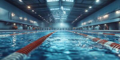 Indoor swimming pool with clear water and vibrant lanes during a quiet afternoon session photo