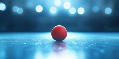 Bright red ball sits on a reflective surface under soft blue lighting in an indoor setting photo